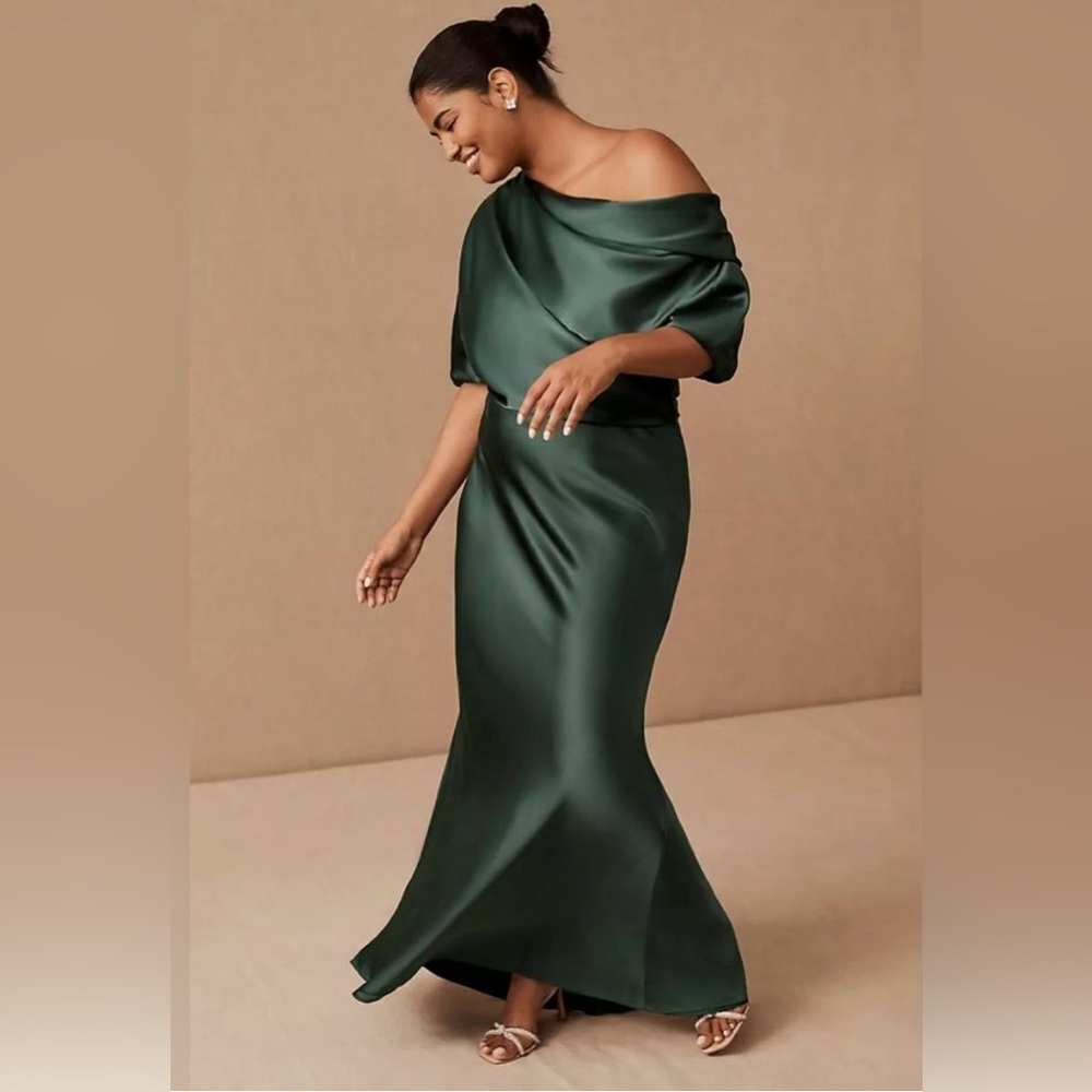 Anthropologie Deep Emerald One-Shoulder Satin Gown